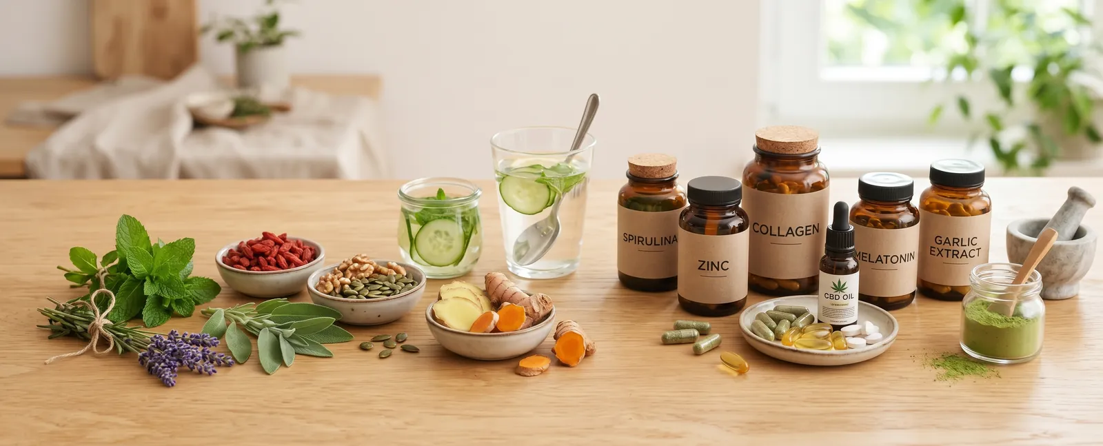 Suplementos, vitaminas e ervas naturais organizados sobre uma mesa de madeira